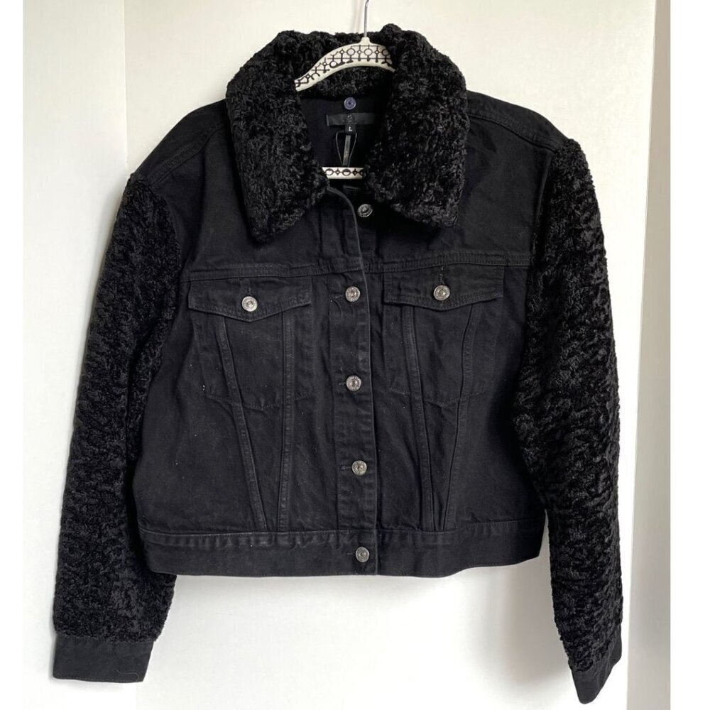 7 For All Mankind Denim Jacket Womens Black Crop Faux Shearling Fur Collar Arms